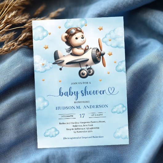 Invitation Stylish Teddy Bear Pilot Blue Gold Baby Shower 