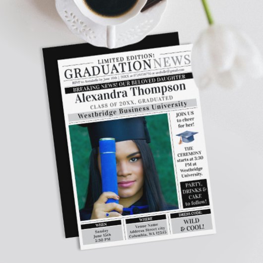 Invitation Stylish Unique Black Newspaper Graduate Student