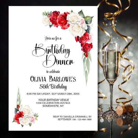 Invitation Stylo Rose Rouge Floral Anniversaire Dîner