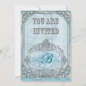 Invitation Stylo Rustique Flourish Aqua Grey Vintage Mariage (Devant)