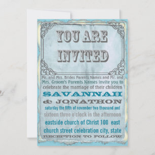Invitation Stylo Rustique Flourish Aqua Grey Vintage Mariage