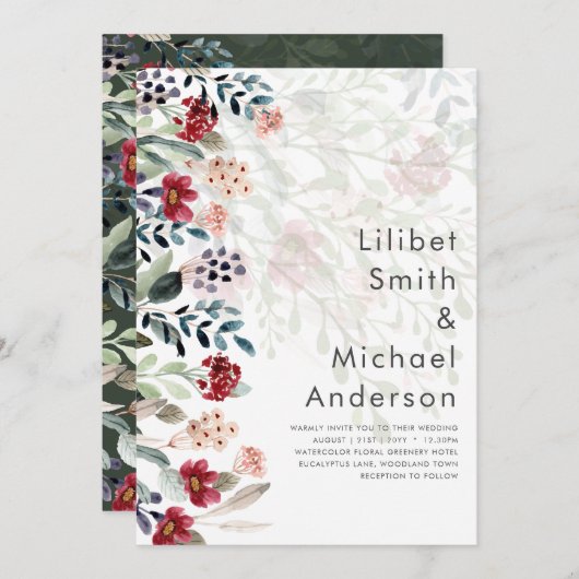 Invitation Sublime Bourgogne Bleu Fleur sauvage Élégant Maria (Devant / Derrière)