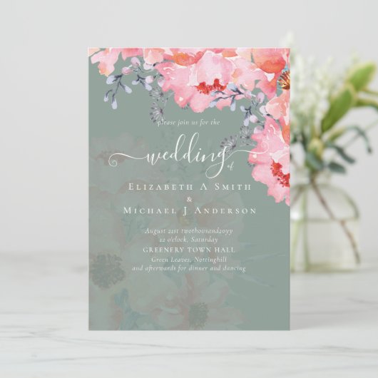 Invitation Sublime MARIAGE en fleurs roses - BUDGET (Debout devant)