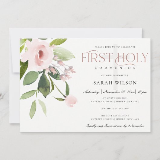 INVITATION SUBTÔT BLUSH ROSE FLORE PREMIER SAINT COMMUNION (Devant)