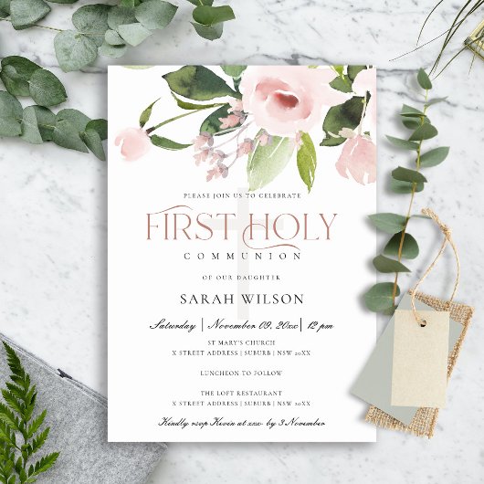 INVITATION SUBTÔT BLUSH ROSE FLORE PREMIER SAINT COMMUNION