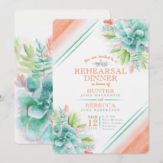 Invitation Succulent aquarelle vert orangé dîner de répétitio (Devant / Derrière)