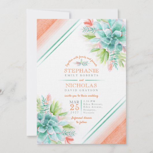Invitation Succulent aquarelle vert orange mariage invite (Devant)