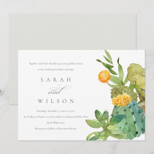 INVITATION SUCCULENT CACTUS JARDIN FLORAL MARIAGE DE COULEUR  (Devant / Derrière)