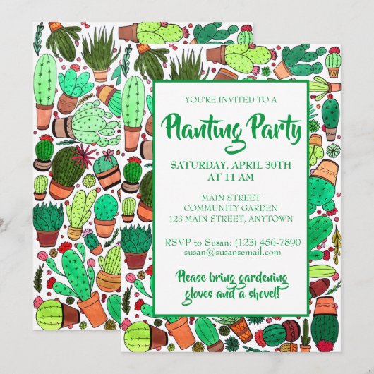 Invitation Succulent Cactus Poted Plante Cactus Garden Party (Devant / Derrière)