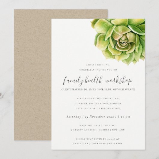 INVITATION SUCCULENT CACTUS WATERCOLOR TALK SÉMINAIRE ÉVÉNEME (Devant / Derrière)