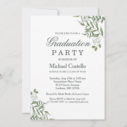 Invitation Succulent Eucalyptus Feuille Graduation Party (Devant)