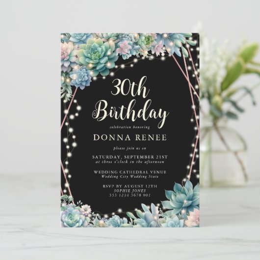 Invitation Succulent String Lights Black 30th Birthday (Debout devant)