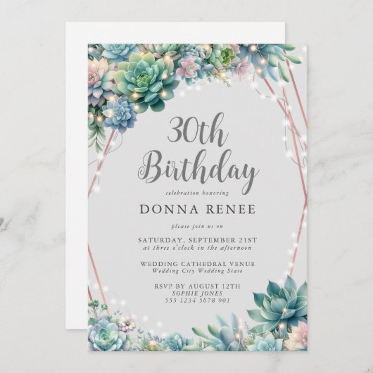 Invitation Succulent String Lights Joli 30e anniversaire (Devant / Derrière)