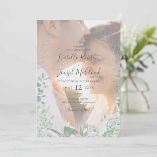 Invitation Succulent Végétal Faded Photo Tout en un Mariage (Debout devant)