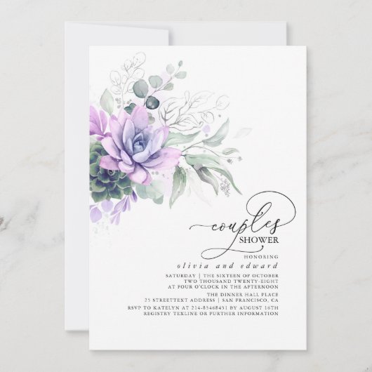 Invitation Succulent verdure Argent Boho Couples Douche (Devant)