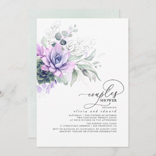 Invitation Succulent verdure Argent Boho Couples Douche (Devant / Derrière)