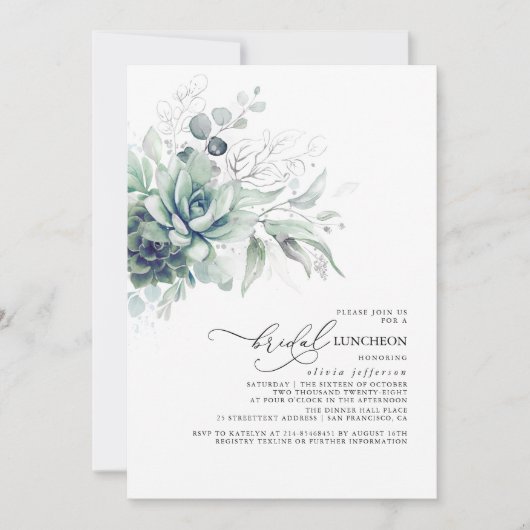 Invitation Succulent Verdure Argent Feuille Bridal Luncheon (Devant)