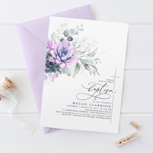 Invitation Succulent Verdure Argent Feuilles Élégant Baptême