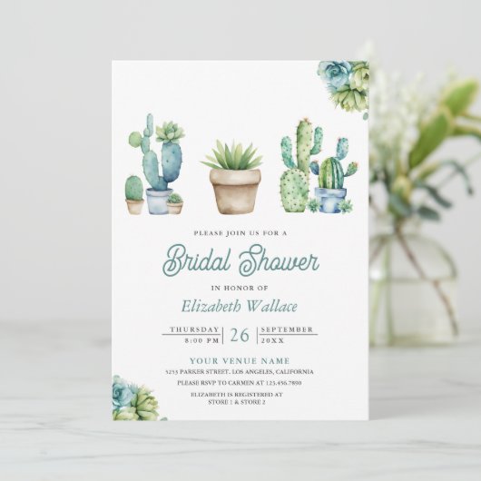 Invitation Succulent verdure Cactus Pots Fête des mariées pho (Debout devant)