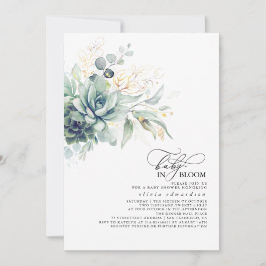 Invitation Succulent verdure Or Feuilles Baby shower Boho  (Devant)