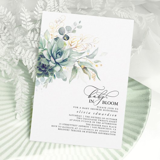 Invitation Succulent verdure Or Feuilles Baby shower Boho 