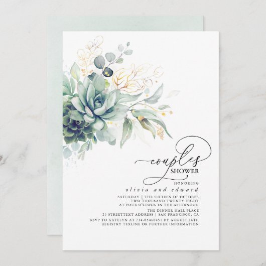 Invitation Succulent Verdure Or Feuilles Boho Couples Douche (Devant / Derrière)