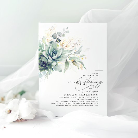 Invitation Succulent Verdure Or Feuilles Élégant Christening