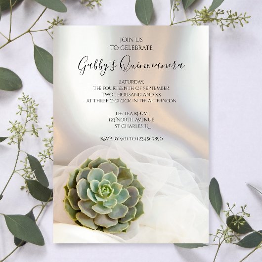 Invitation Succulent vert sur Quinceanera blanc