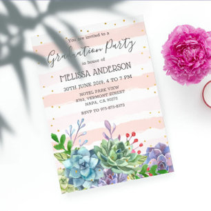 Invitation Succulente Blush Pink Stripes Graduation Party