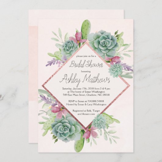 Invitation succulente de douche, cactus (Devant / Derrière)