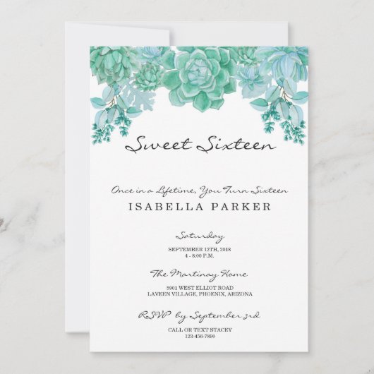 Invitation succulente de partie de sweet sixteen (Devant)