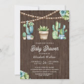 Invitation Succulente verdure Cactus Pots Baby shower en bois (Devant)