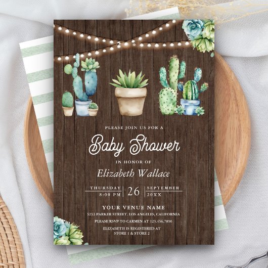 Invitation Succulente verdure Cactus Pots Baby shower en bois