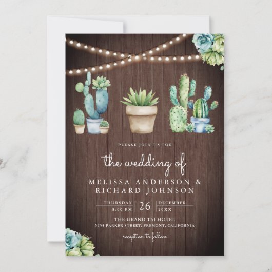 Invitation Succulente verdure Cactus Pots Grange Mariage en b (Devant)