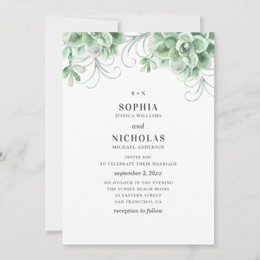 Invitation Succulentes aquarelle. Mariage de cactus de verdur (Devant)