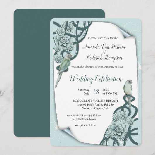 Invitation Succulentes Bleu Menthe Vert Pin (Devant / Derrière)