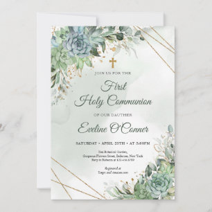 Invitation Succulentes d'été eucalyptus verdure or Baptême