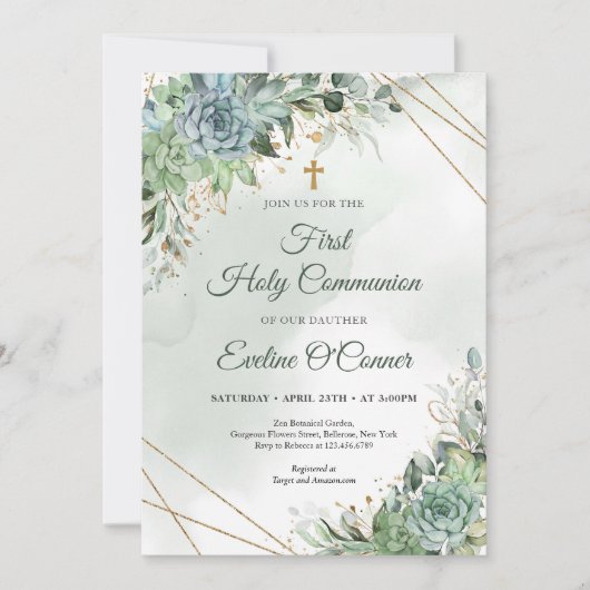 Invitation Succulentes d'été eucalyptus verdure or Baptême (Devant)