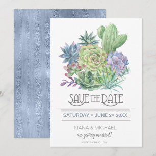 Invitation Succulentes et Étincelles Enregistrez la Date Bleu