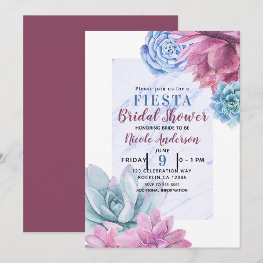 Invitation Succulentes Fête de Mariage Moderne Chic Marbre Fi (Devant / Derrière)