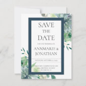 Invitation Succulentes Vertes & Indigo Fleurs Blanches Mariag (Devant)