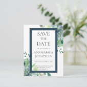 Invitation Succulentes Vertes & Indigo Fleurs Blanches Mariag (Debout devant)