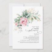 Invitation Succulents Baby shower verdure et fleurs roses (Devant)