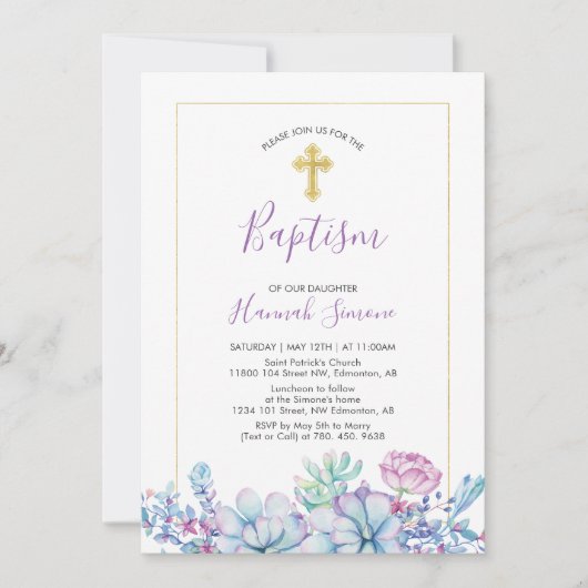 Invitation Succulents & Croix | Baptême de fille (Devant)