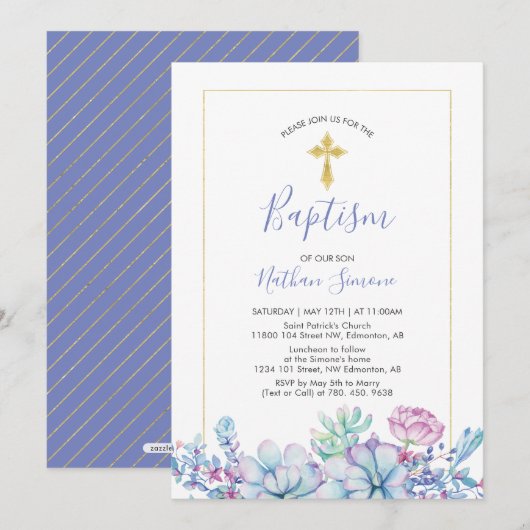 Invitation Succulents & Croix |  Baptême garçon (Devant / Derrière)