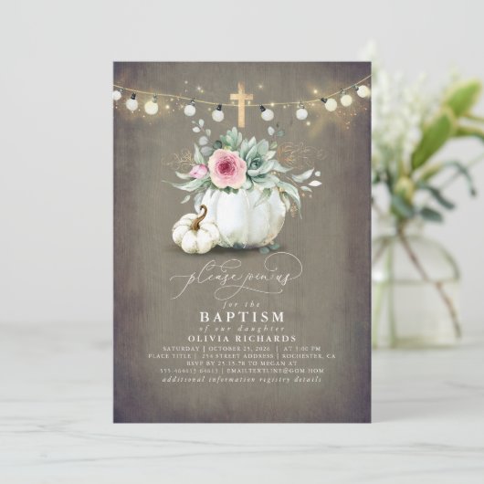 Invitation Succulents Croix d'or Citrouille tombent Baptême r (Debout devant)
