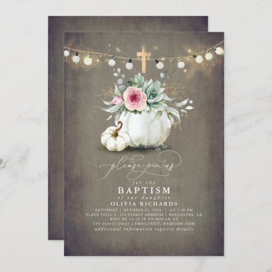 Invitation Succulents Croix d'or Citrouille tombent Baptême r (Devant / Derrière)