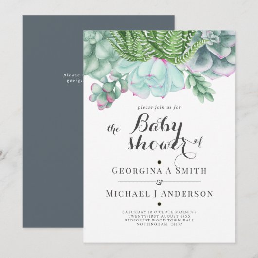 Invitation Succulents du désert Cactus BABY SHOWER d'aquarell (Devant / Derrière)