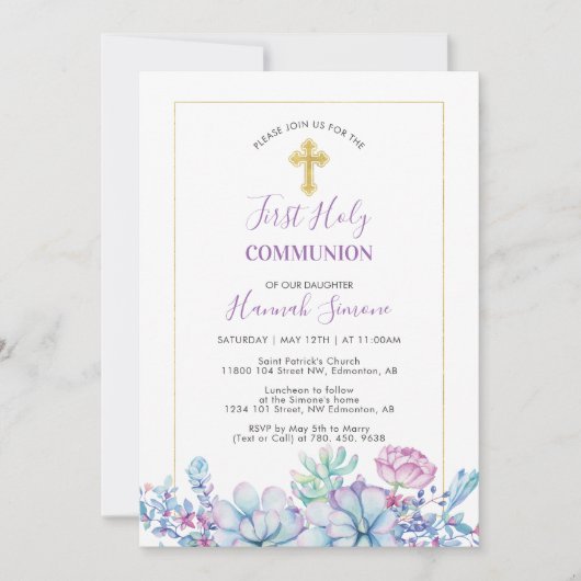 Invitation Succulents et croix | La Première Fille Sainte Com (Devant)