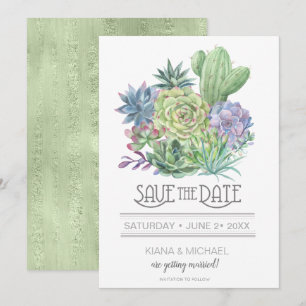 Invitation Succulents et Étincelles Enregistrez la Date Vert